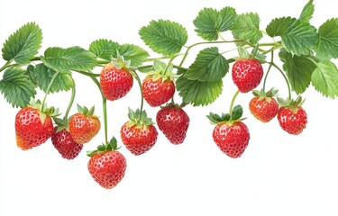 Ripe Red Strawberries on Vine with Lush Green Leaves Against White Background