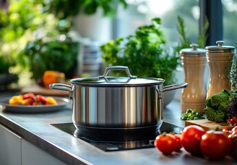 Stainless Steel Pot on Modern Kitchen Countertop with Fresh Vegetables