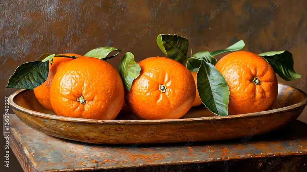 Aufkleber fresh oranges arranged on a rustic tray with green leaves generative ai