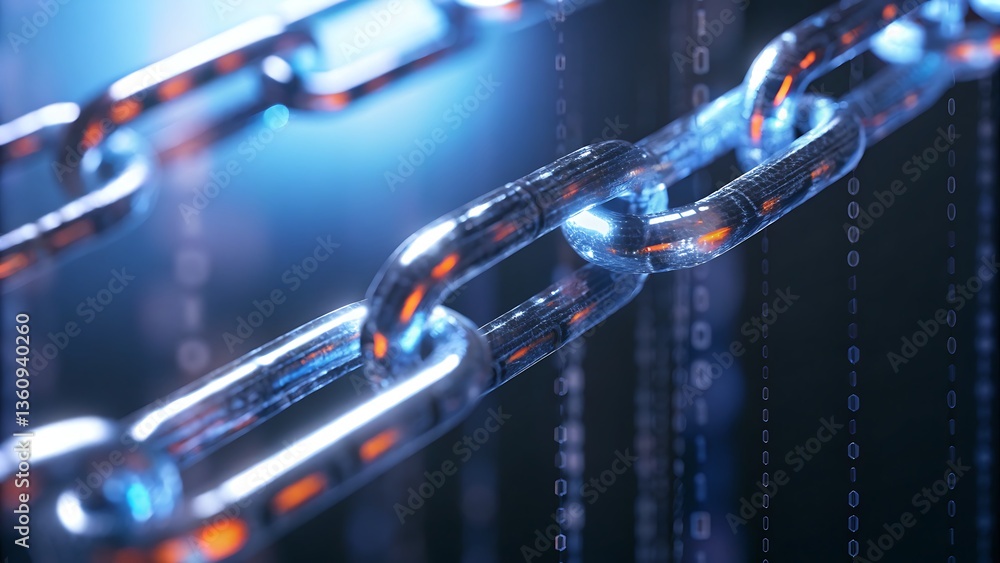 Aufkleber a close up view of a shiny metal chain with binary code in the background and blue lighting effects