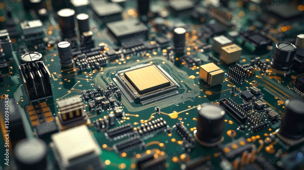 Fototapete close-up of a central processing unit (cpu) on a circuit board, showcasing intricate electronic comp