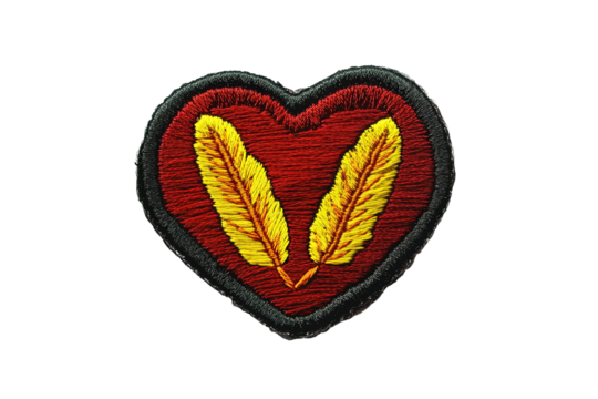 Embroidered Heart Patch: A detailed view of a patch, showcasing a red heart with yellow feathers. Evoking a sense of care, patriotism, and style.