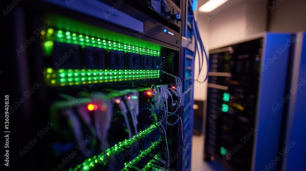 Poster Close-up of a server rack with green and red indicator lights, showing data center infrastructure.