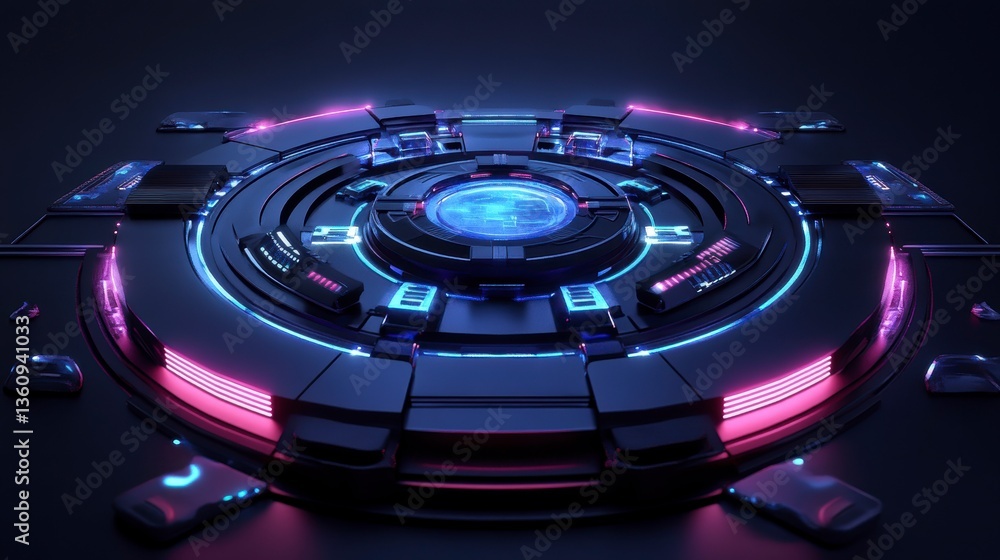 Poster futuristic circular technology interface with glowing neon lights.