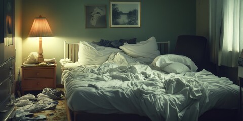 Messy bedroom at night with unmade bed
