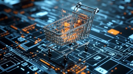 Digital Commerce: Shopping cart on futuristic circuit board background