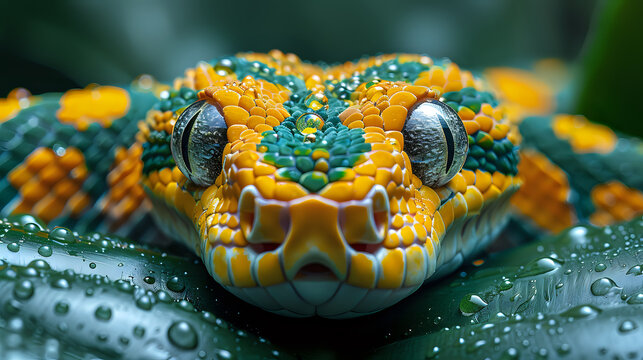 Extreme close-up of green tree python snake head with yellow scales, detailed texture, water droplets and piercing eyes in dramatic macro photography.