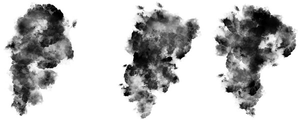 Thick Dark Smoke Clouds Rising Upward on a Transparent or White Background - Set of Realistic Black Smoke Overlays for Dramatic Effects, Dynamic Compositing, and Atmospheric Enhancements