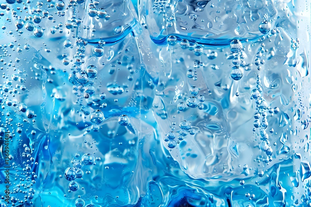 Aufkleber fresh water drops and bubbles on blue glass surface create dynamic abstract pattern with light refra