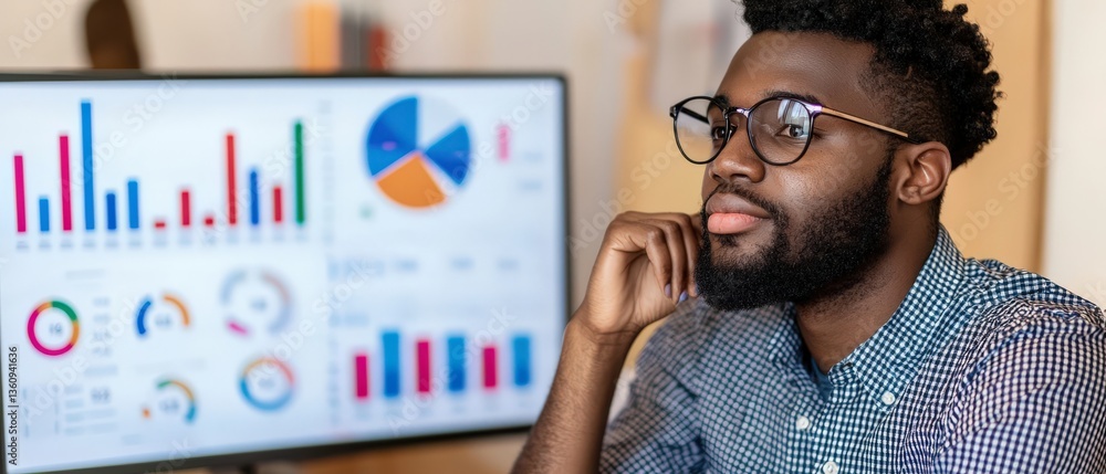 Poster thoughtful businessman analyzing data on a computer screen, showcasing strategic planning and busine