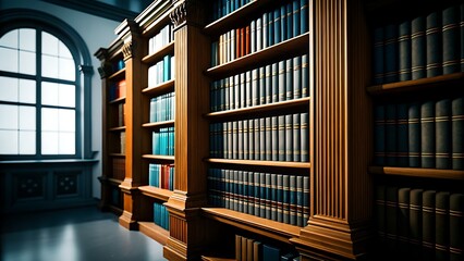 A view of a library with large wooden bookshelves filled with books and a window on the left side
