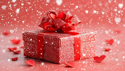 Fototapeta premium Red gift box with bow, hearts, snow; Valentine's Day