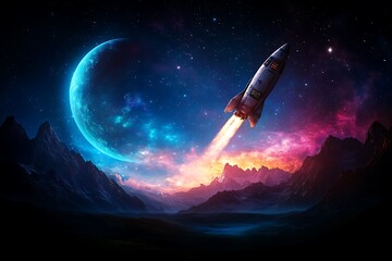 Obraz premium Rocket Launch Night Mountains