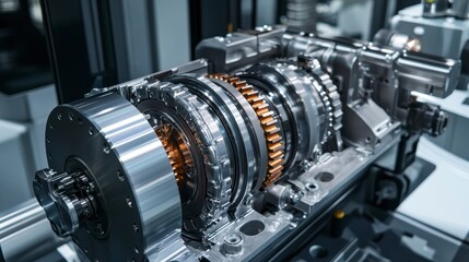 Fototapeta premium Close-up of a complex, disassembled, metallic automotive transmission system revealing intricate gears and internal components.