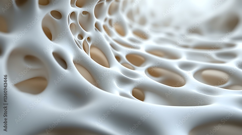 Poster organic abstract white structure with circular holes and curved surfaces creating a modern minimalis