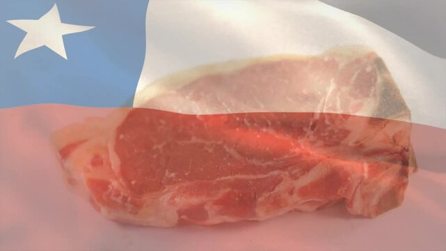 Chilean flag animation over raw steak, symbolizing national cuisine and meat industry