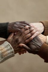 Fototapeta premium Close up of diverse hands joined together showing unity and support, wearing warm knit sweaters against neutral background, representing community and connection.