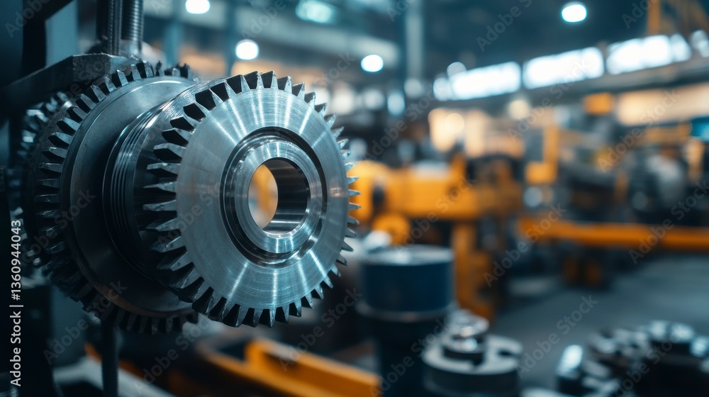 Aufkleber close-up of precisely machined metal gears in a factory setting.