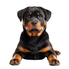 Fototapeta premium Loyal Pup Portrait: A captivating portrait of a Rottweiler puppy, showcasing its alert eyes and expressive gaze. The charming canine is a symbol of loyalty.