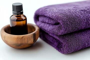 Essential oil in wooden bowl next to folded purple spa towels on white background, wellness and aromatherapy concept for massage and relaxation treatments.