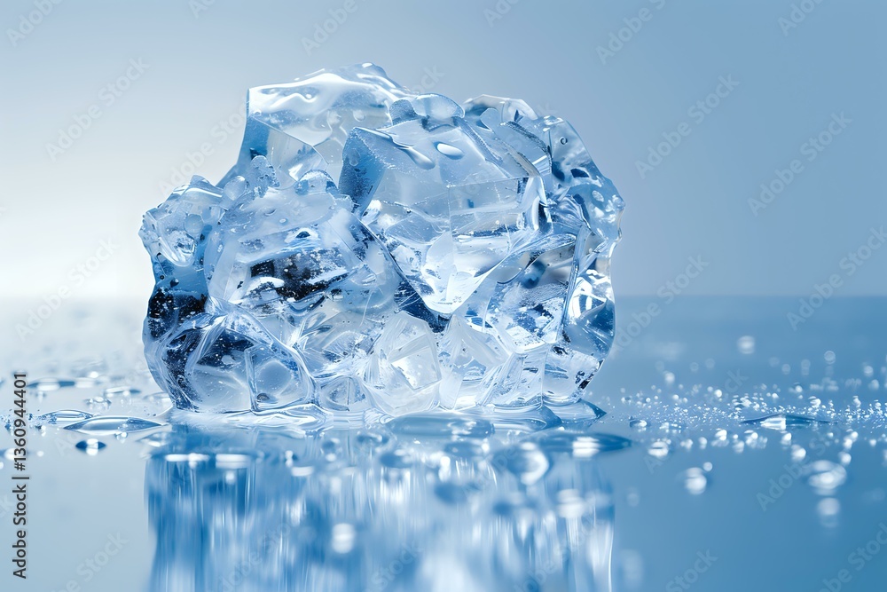 Poster melting ice chunk with crystalline structure on wet reflective surface against light blue background