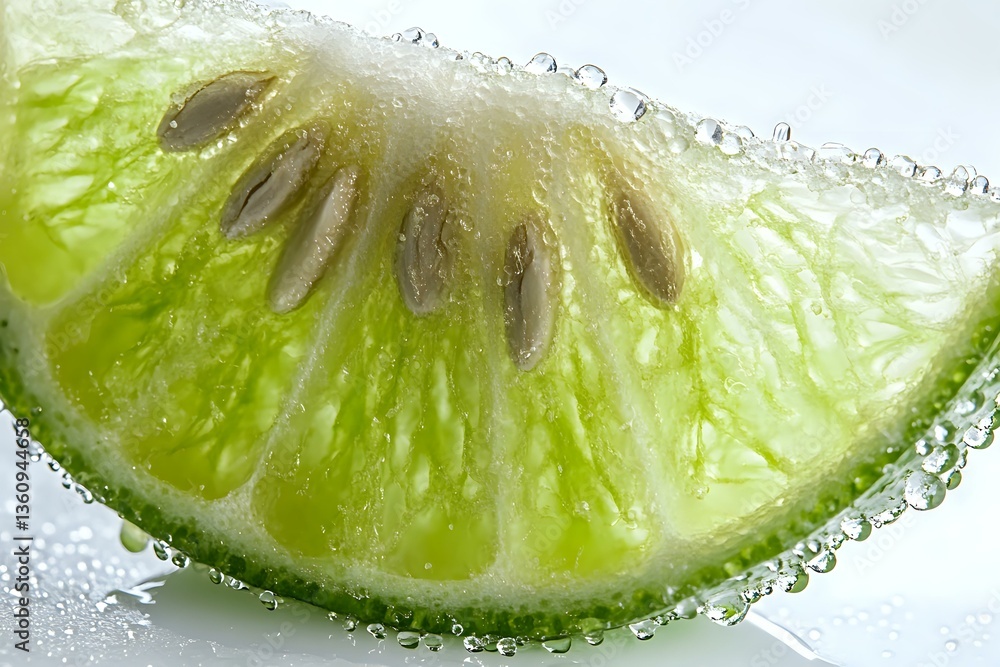 Poster fresh lime slice with water droplets in extreme macro view showing juicy pulp texture and citrus seg