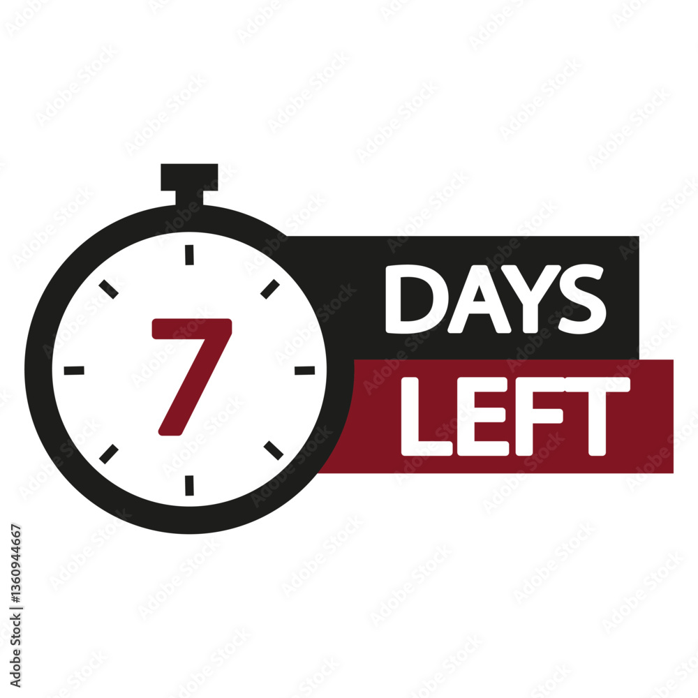 Poster countdown clock icon. number seven focus. bold 7 days left. black and red vector.