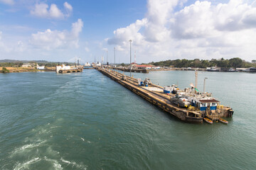 Exiting the last of the Gatun locks and entering Lake Gatun on the Panama Canal