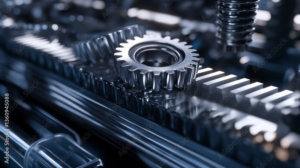 Aufkleber close-up of metallic gears in motion, intricate details showcasing precision engineering and industr