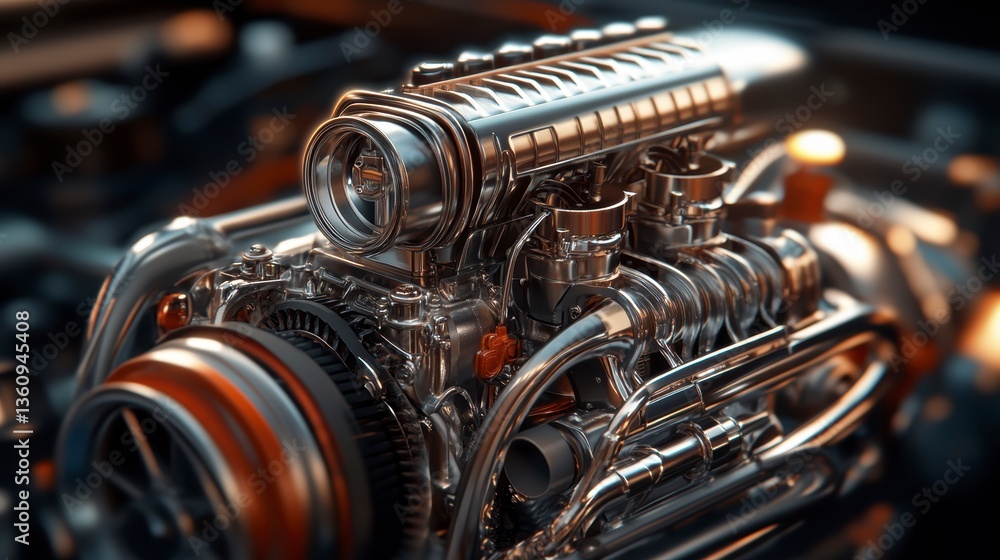Aufkleber close-up of a powerful, gleaming chrome car engine, showcasing intricate details and metallic compon
