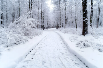 Fototapeta premium Snowy forest path, winter wonderland, tranquil scene, for background use