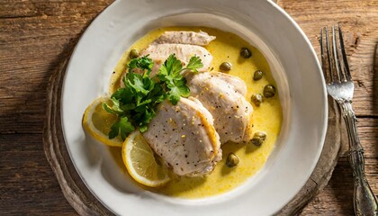 Creamy Chicken Piccata with Lemon Caper Sauce Shot Overhead in White Dish Against Warm Italian Evening Glow