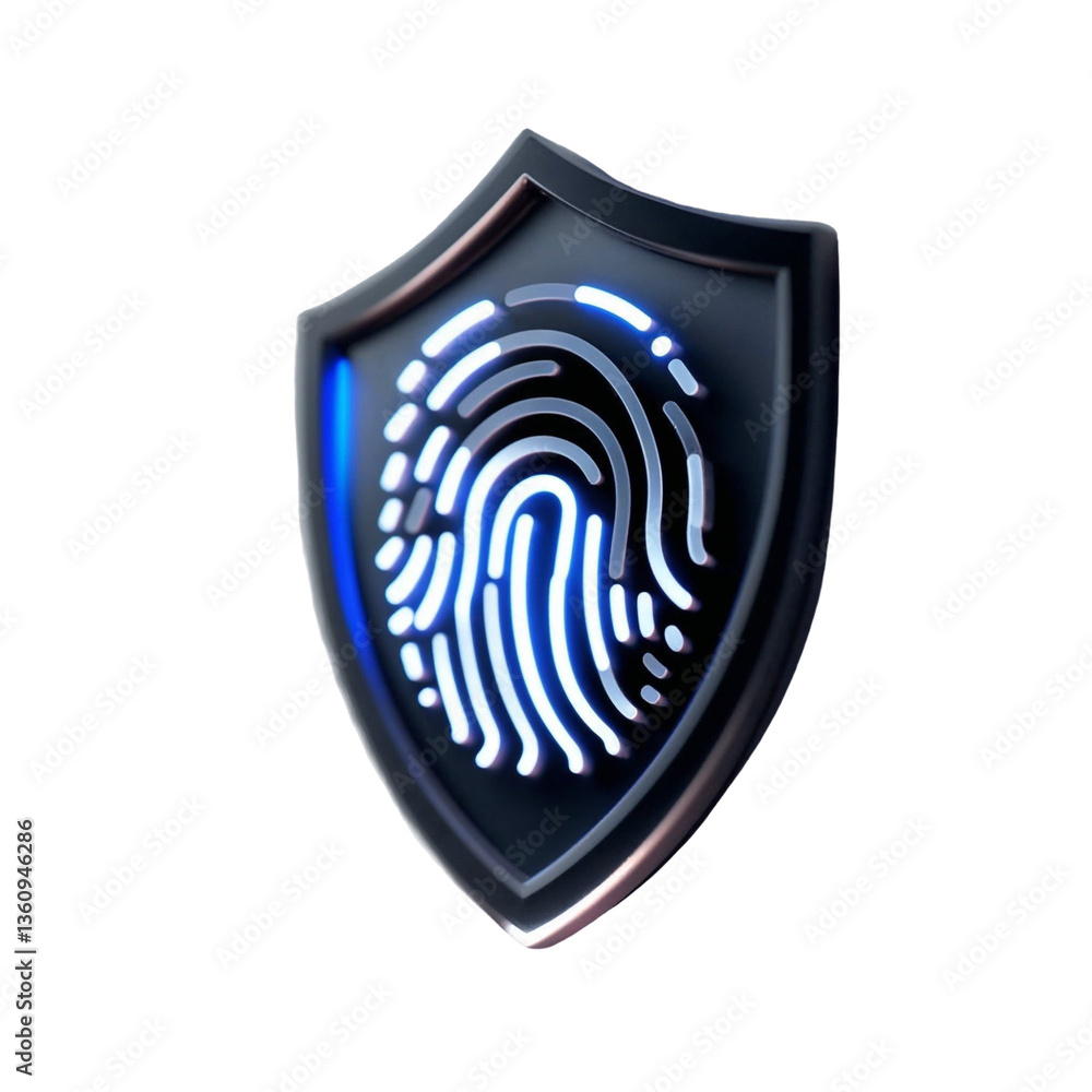 Poster a glowing fingerprint secured within a dark shield, symbolizing digital protection and biometric sec