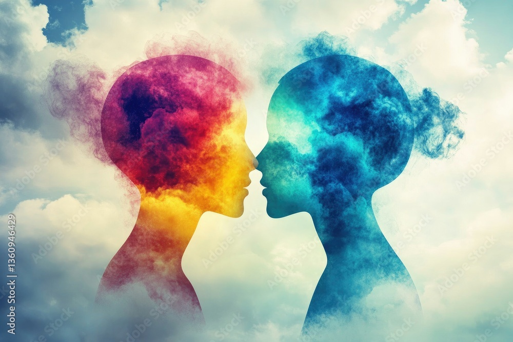 Poster conceptual two faces silhouette with clouds symbolizing connection and relationships