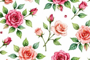 Delicate watercolor roses & leaves, repeating floral pattern , soft, background