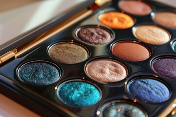 Naklejka premium A vibrant eyeshadow palette showcasing twelve rich shades arranged in an elegant display