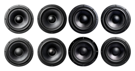Collection of Eight Circular Black Speakers Isolated on White Background, Bundle Set Collection, Isolated on Transparent Background