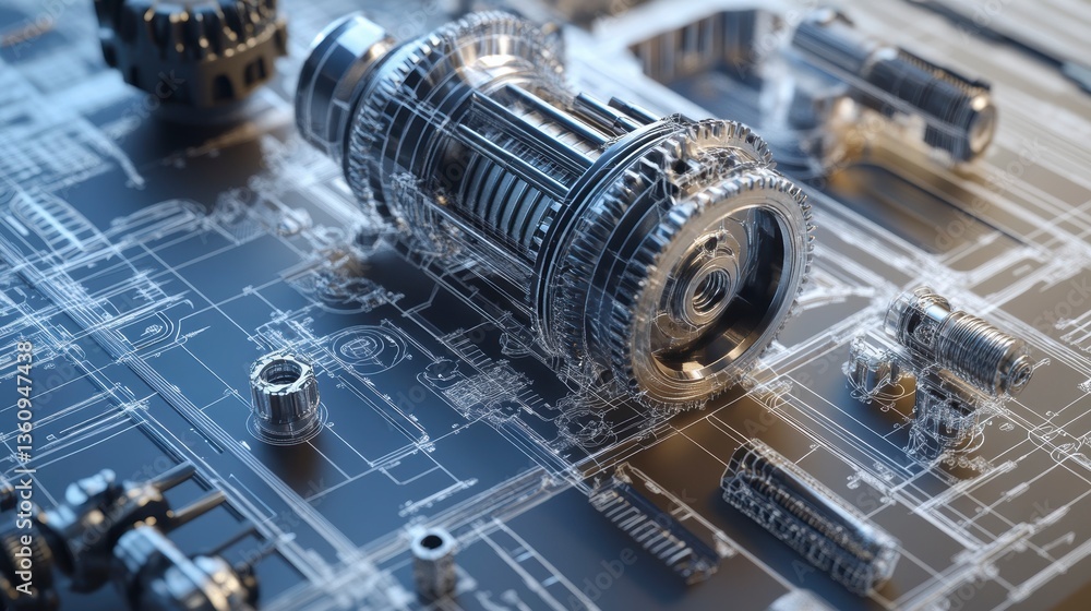 Aufkleber close-up of intricate metallic machine parts and engineering blueprints.