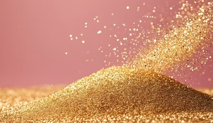 Gold Glitter Falling on Pink Background Pile of Golden Dust