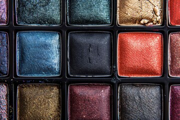 Fototapeta premium Close-up of various colorful eyeshadows in a makeup palette displayed on a black surface