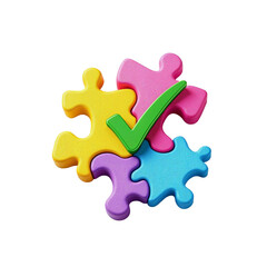 Obraz premium Colorful puzzle pieces fitting together perfectly, signifying successful teamwork and problem-solving, with a vibrant green checkmark.