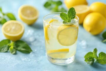 Fototapeta premium Refreshing Lemonade with Mint: A Summery Citrus Drink Close-Up