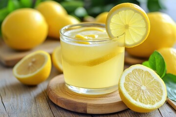 Refreshing lemonade with lemon slices, served on a wooden board, surrounded by whole and sliced lemons creating a vibrant, citrus-