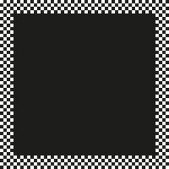 Black square center. Checkerboard pattern border. Bold monochrome layout. Geometric minimalistic style.