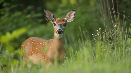 Fototapeta premium Elegant Fawn Gazing from Lush Green Meadow, showcasing its distinctive white spots and large ears in a natural woodland setting