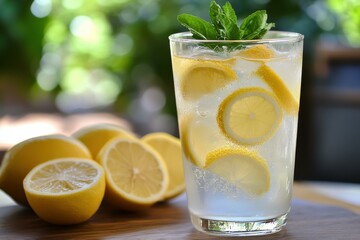 Fototapeta premium Refreshing Citrus Beverage: Lemon Slices, Sparkling Water, and Fresh Mint on a Wooden Surface, Bathed in Natural Light