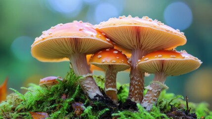 Fototapeta premium Amanita mushrooms growing together in a lush green moss forest, with orange caps speckled with white spots in a natural setting