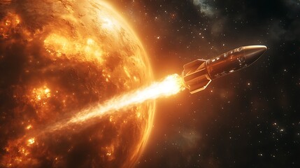 Rocket Launching into Space from Planet Surface, A rocket launching into space from a planet's surface, surrounded by clouds and stars