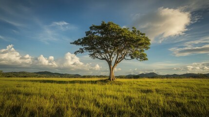 Solitary Tree Stands in a Golden Meadow Under a Cloudy Sky at Dusk, Bathed in Warm Light
