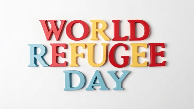 World Refugee Day typography in red, yellow, and blue letters on a white background